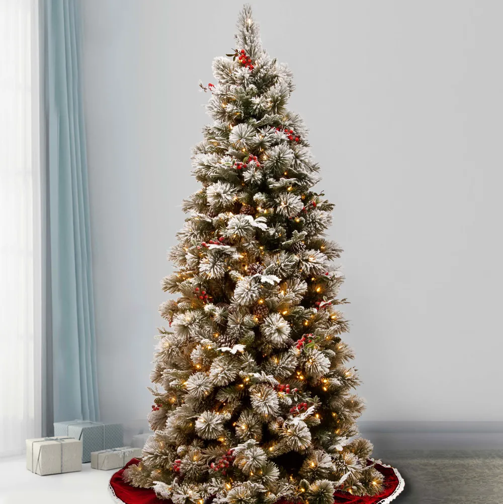 Pre-Lit Christmas Trees*The Holiday Aisle 7' 6" H Slender Green Pine Flocked/Frosted Christmas Tree With 500 Lights