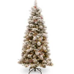 Pre-Lit Christmas Trees*The Holiday Aisle 7' 6" H Slender Green Pine Flocked/Frosted Christmas Tree With 500 Lights