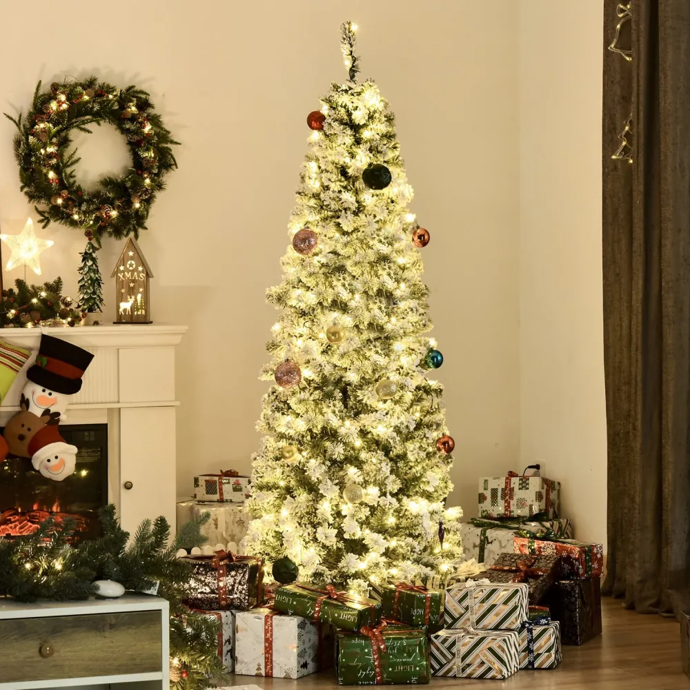 Pre-Lit Christmas Trees*The Holiday Aisle 5' 10" H Slender White/Green Flocked Christmas Tree With 250 Led Lights