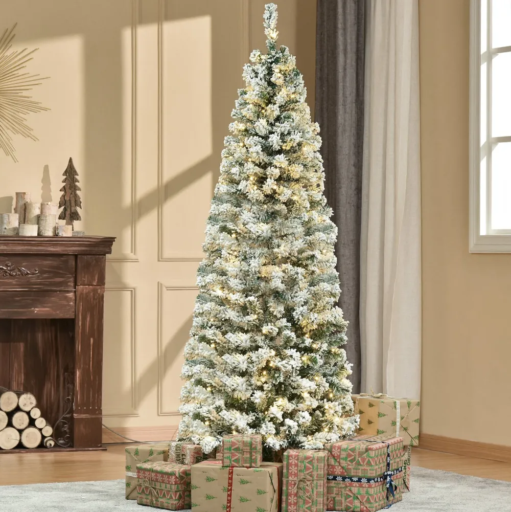 Pre-Lit Christmas Trees*The Holiday Aisle 5' 10" H Slender White/Green Flocked Christmas Tree With 250 Led Lights