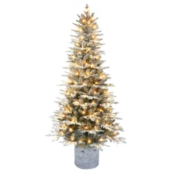 Pre-Lit Christmas Trees*The Holiday Aisle 7.5 Ft Pre-Lit Potted Flocked Arctic Fir Tree, 1973 Tips, 250 Warm White Led Lights, Ul Listed Adaptor, Birch Wood Look Base