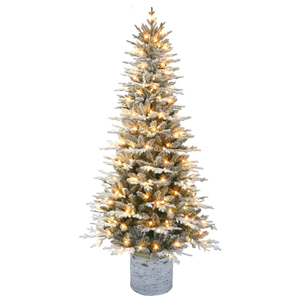 Pre-Lit Christmas Trees*The Holiday Aisle 7.5 Ft Pre-Lit Potted Flocked Arctic Fir Tree, 1973 Tips, 250 Warm White Led Lights, Ul Listed Adaptor, Birch Wood Look Base