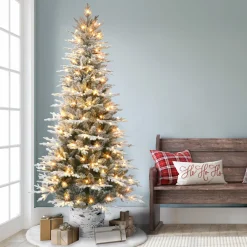 Pre-Lit Christmas Trees*The Holiday Aisle 7.5 Ft Pre-Lit Potted Flocked Arctic Fir Tree, 1973 Tips, 250 Warm White Led Lights, Ul Listed Adaptor, Birch Wood Look Base