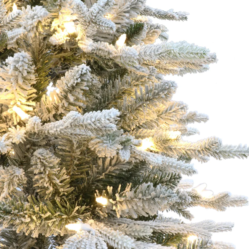 Pre-Lit Christmas Trees*The Holiday Aisle 7.5 Ft Pre-Lit Potted Flocked Arctic Fir Tree, 1973 Tips, 250 Warm White Led Lights, Ul Listed Adaptor, Birch Wood Look Base