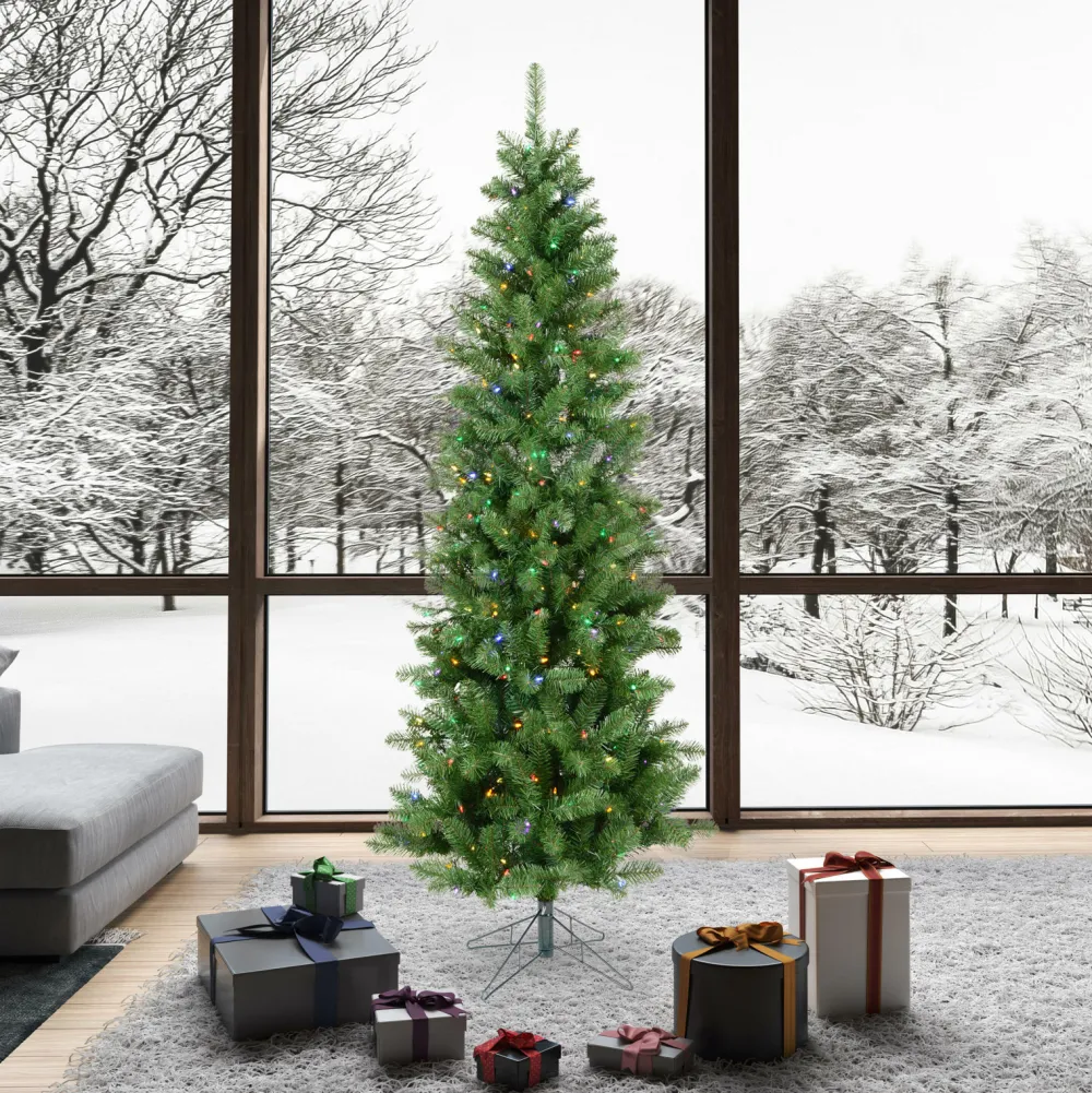 Pre-Lit Christmas Trees*The Holiday Aisle 7.5' Green Artificial Christmas Tree With Multi-Colored Led Lights With Stand