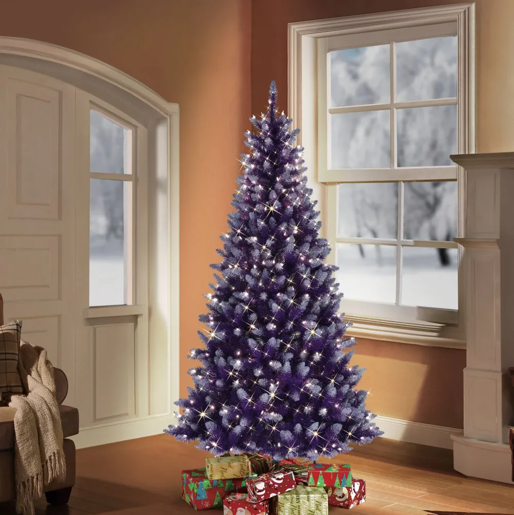 Pre-Lit Christmas Trees*The Holiday Aisle 6.5' H Full Purple Artificial Spruce Cashmere Christmas Tree With 300 Lights