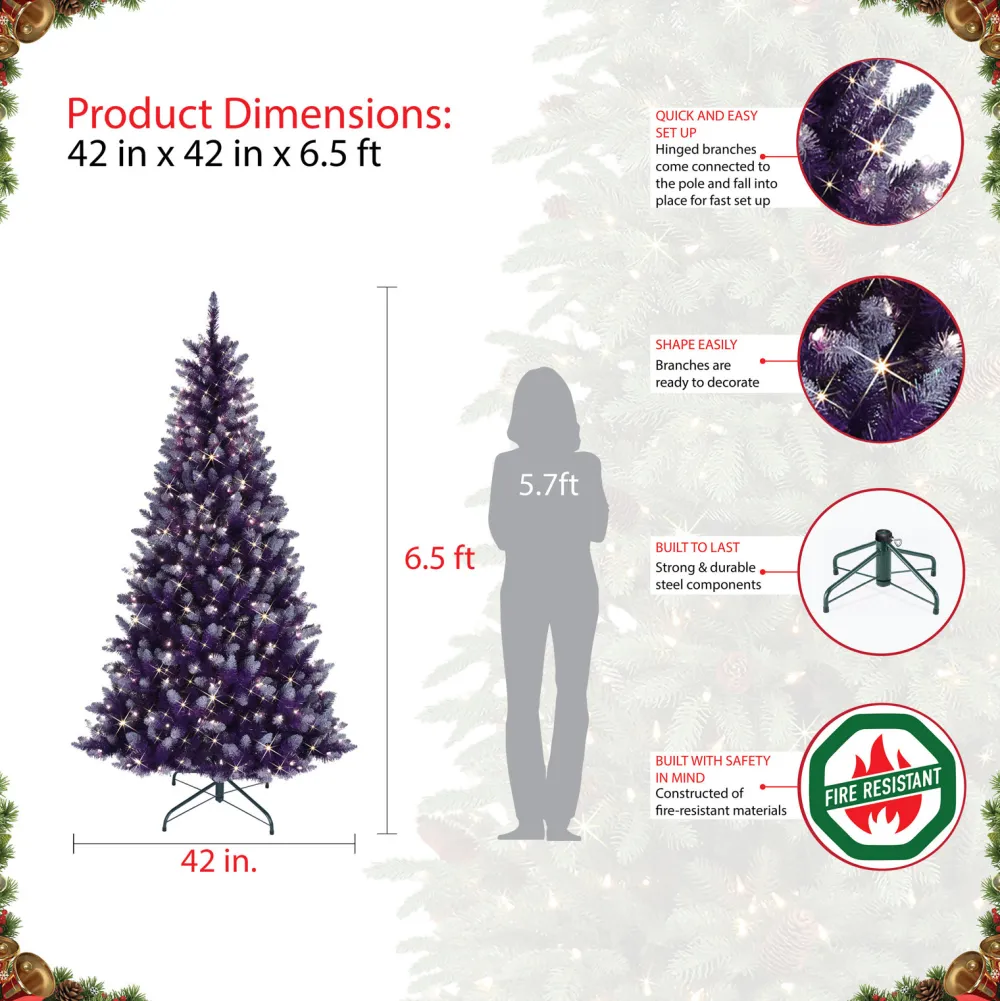 Pre-Lit Christmas Trees*The Holiday Aisle 6.5' H Full Purple Artificial Spruce Cashmere Christmas Tree With 300 Lights