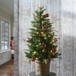 Pre-Lit Christmas Trees*The Holiday Aisle 48" H Green Realistic Artificial Fir Flocked/Frosted Christmas Tree With Led 70 Lights And Ball Ornaments/Berries