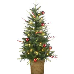 Pre-Lit Christmas Trees*The Holiday Aisle 48" H Green Realistic Artificial Fir Flocked/Frosted Christmas Tree With Led 70 Lights And Ball Ornaments/Berries