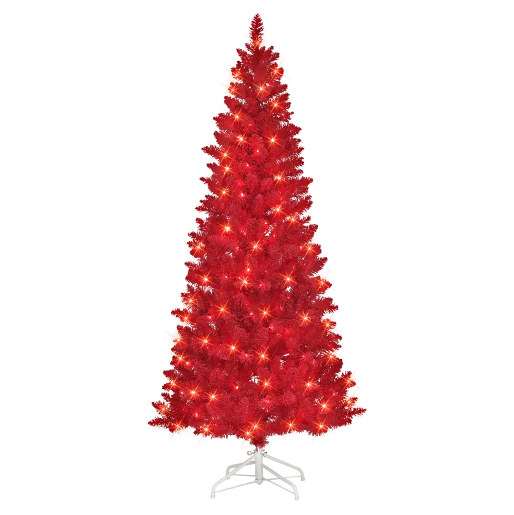Pre-Lit Christmas Trees*The Holiday Aisle 6'5" H Red Fir Flocked/Frosted Christmas Tree With 200 Lights
