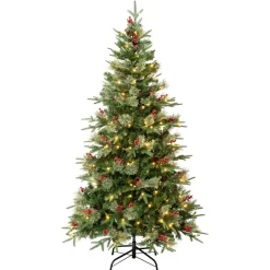 Pre-Lit Christmas Trees*The Holiday Aisle 72" H Regular Realistic Artificial Pvc And Pe Blend Pine Christmas Tree 200 Led Steady/Constant Lights And Berries