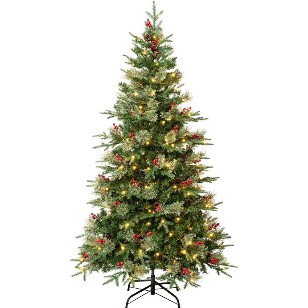 Pre-Lit Christmas Trees*The Holiday Aisle 72" H Regular Realistic Artificial Pvc And Pe Blend Pine Christmas Tree 200 Led Steady/Constant Lights And Berries