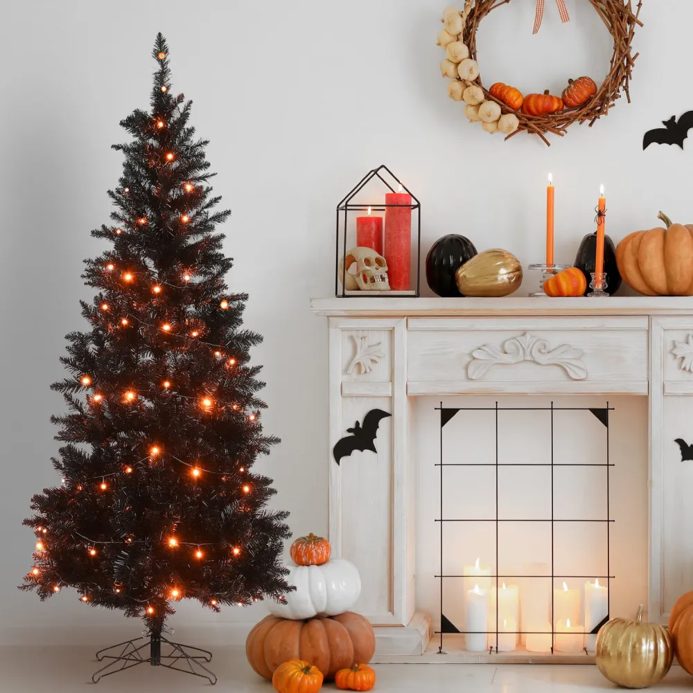 Pre-Lit Christmas Trees*The Holiday Aisle 6' H Slender Black Artificial Fir Halloween Tree With 100 Led Lights