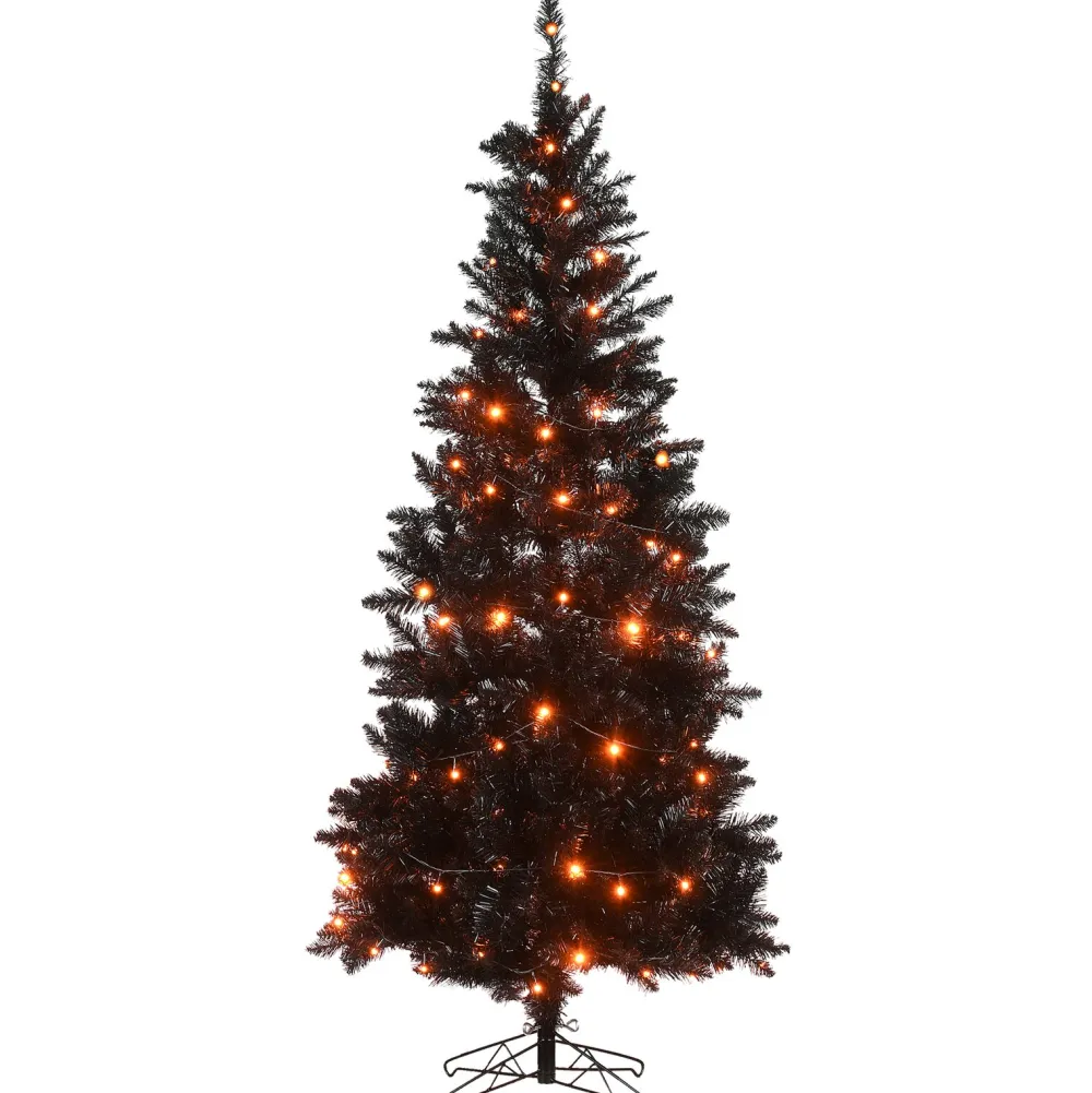 Pre-Lit Christmas Trees*The Holiday Aisle 6' H Slender Black Artificial Fir Halloween Tree With 100 Led Lights