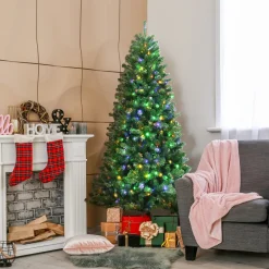 Pre-Lit Christmas Trees*The Holiday Aisle 84'' H Slender Green Artificial Spruce Christmas Tree With 500 Led Changing/Combination Lights