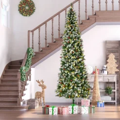 Pre-Lit Christmas Trees*The Holiday Aisle 9'' H Slender Green/White Flocked/Frosted Christmas Tree With 300 Led Lights