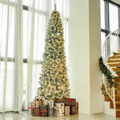 Pre-Lit Christmas Trees*The Holiday Aisle 9' H Slender Green/White Flocked/Frosted Christmas Tree With 350 Led Lights