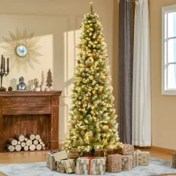 Pre-Lit Christmas Trees*The Holiday Aisle 7'6" H Slender Green/White Flocked/Frosted Christmas Tree With 300 Led Lights