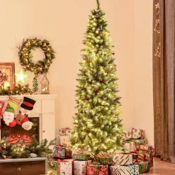 Pre-Lit Christmas Trees*The Holiday Aisle 7'6" H Slender Green/White Flocked/Frosted Christmas Tree With 300 Led Lights