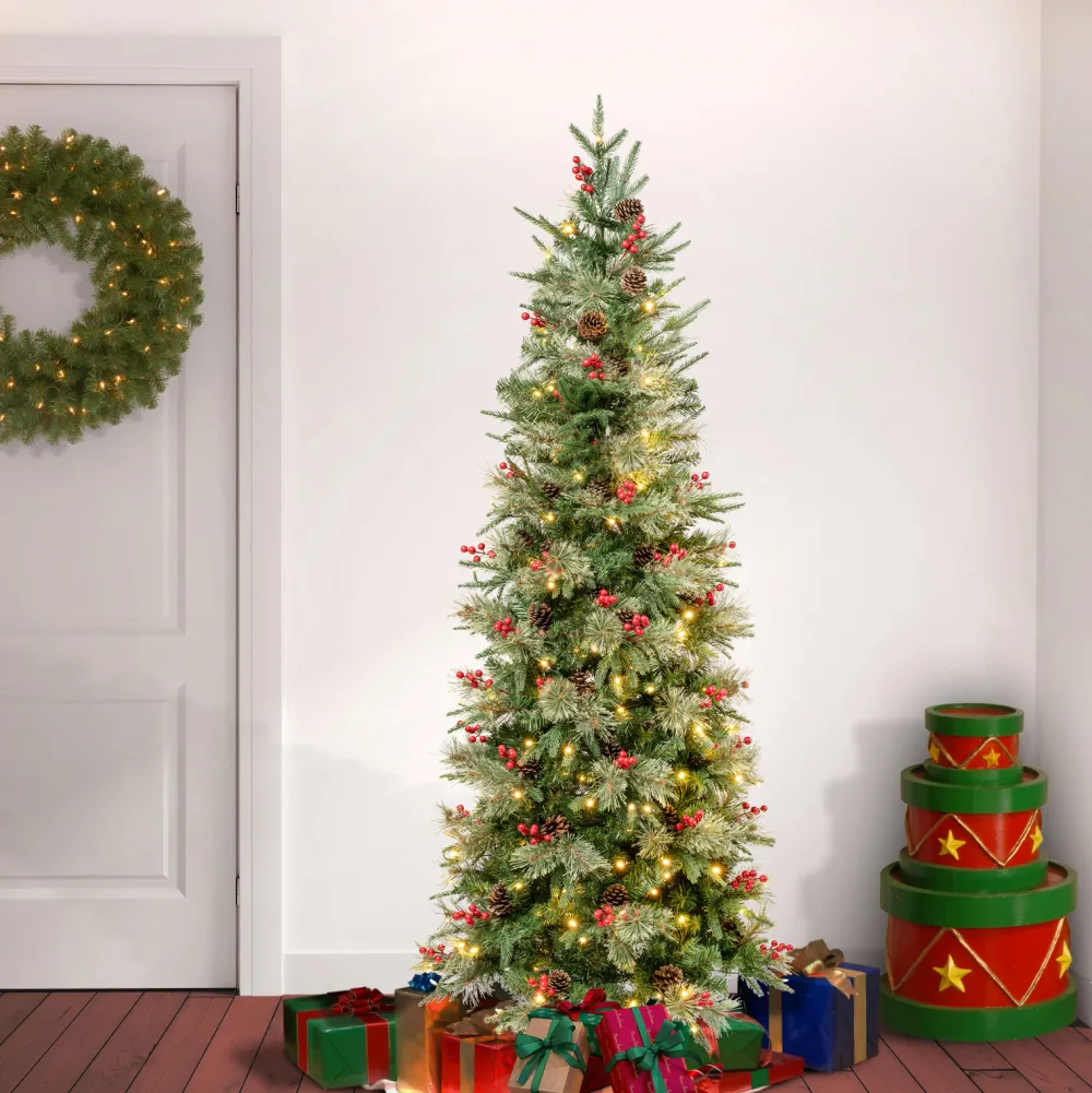 Pre-Lit Christmas Trees*The Holiday Aisle 72" H Slender Realistic Artificial Pvc And Pe Blend Pine Christmas Tree 200 Led Steady/Constant Lights And Berries