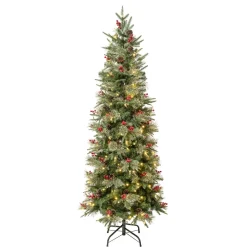 Pre-Lit Christmas Trees*The Holiday Aisle 72" H Slender Realistic Artificial Pvc And Pe Blend Pine Christmas Tree 200 Led Steady/Constant Lights And Berries