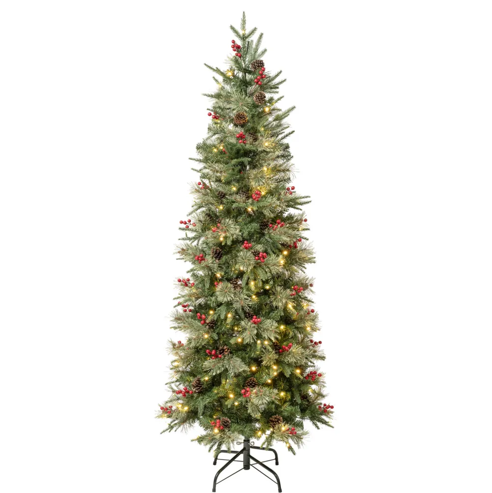 Pre-Lit Christmas Trees*The Holiday Aisle 72" H Slender Realistic Artificial Pvc And Pe Blend Pine Christmas Tree 200 Led Steady/Constant Lights And Berries
