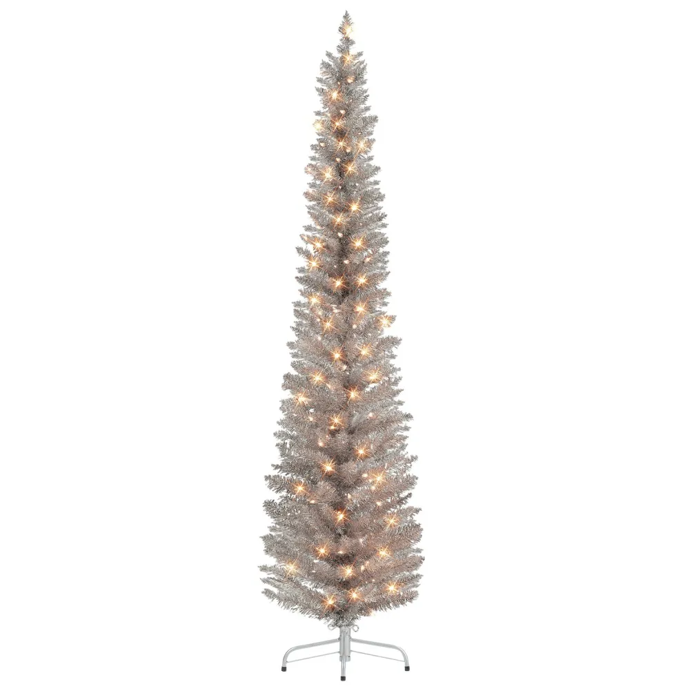 Pre-Lit Christmas Trees*The Holiday Aisle 72" H Slender Rose Gold Fir Christmas Tree With 100 Lights