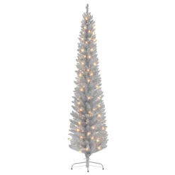 Pre-Lit Christmas Trees*The Holiday Aisle 72" H Slender Silver Fir Christmas Tree With 100 Lights
