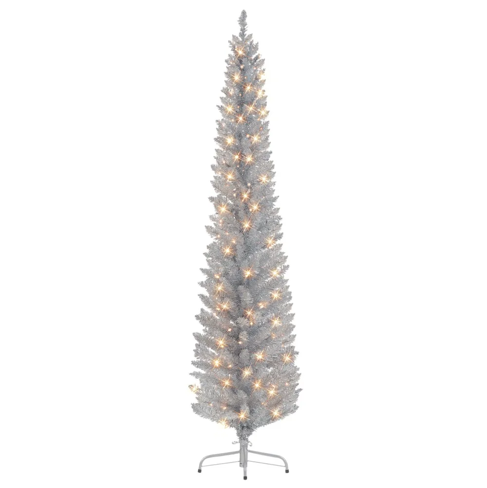 Pre-Lit Christmas Trees*The Holiday Aisle 72" H Slender Silver Fir Christmas Tree With 100 Lights