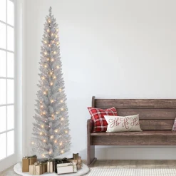 Pre-Lit Christmas Trees*The Holiday Aisle 72" H Slender Silver Fir Christmas Tree With 100 Lights