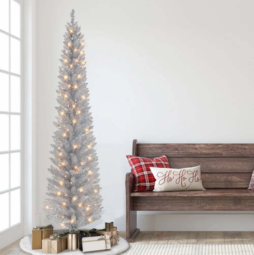 Pre-Lit Christmas Trees*The Holiday Aisle 72" H Slender Silver Fir Christmas Tree With 100 Lights