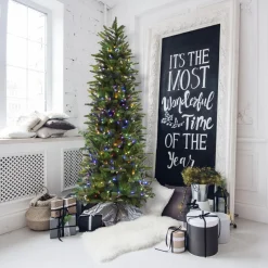 Pre-Lit Christmas Trees*The Holiday Aisle Carmel Slim Green Pine Trees Artificial Christmas Tree With 550 With Colored And White Led String Lights