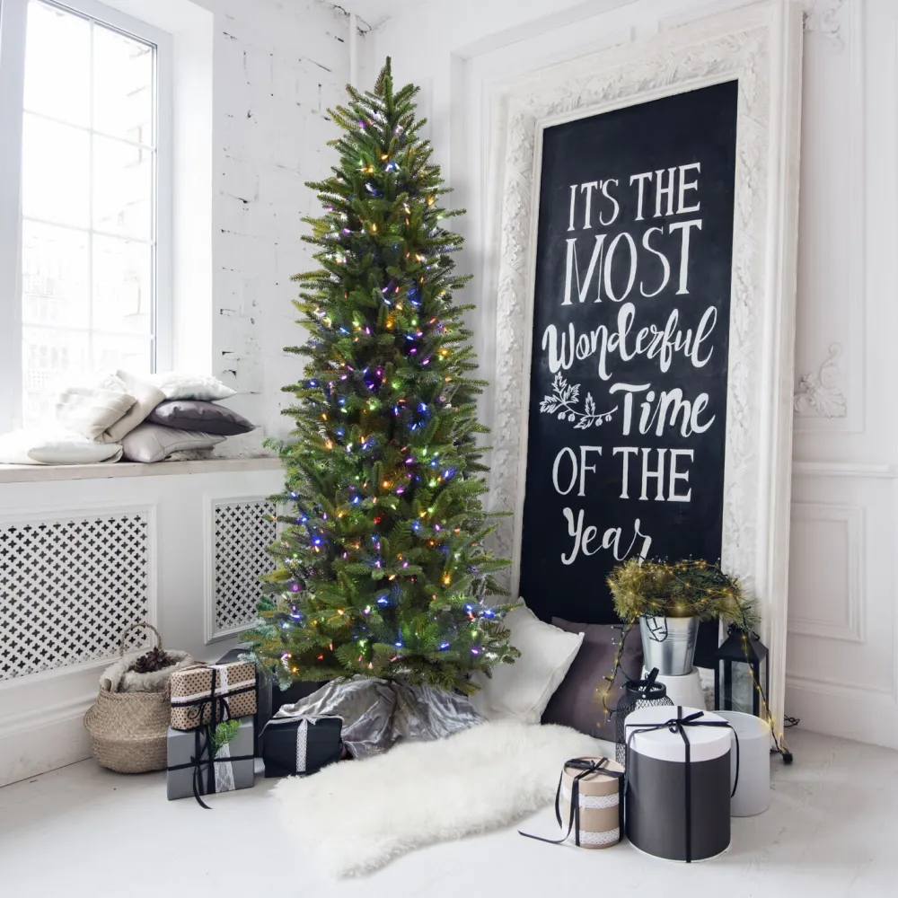 Pre-Lit Christmas Trees*The Holiday Aisle Carmel Slim Green Pine Trees Artificial Christmas Tree With 550 With Colored And White Led String Lights