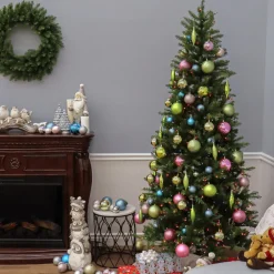 Pre-Lit Christmas Trees*Three Posts Dunhill Fir Slim Green Artificial Christmas Tree With Multi-Color Lights