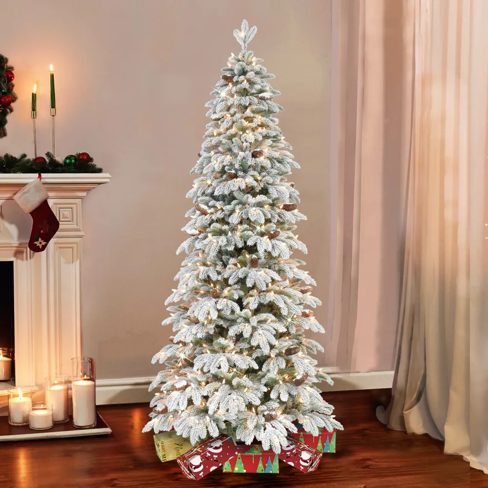 Pre-Lit Christmas Trees*The Holiday Aisle Flocked Slim Montville 7.5' Green/White Spruce Artificial Christmas Tree With 450 Clear/White Lights