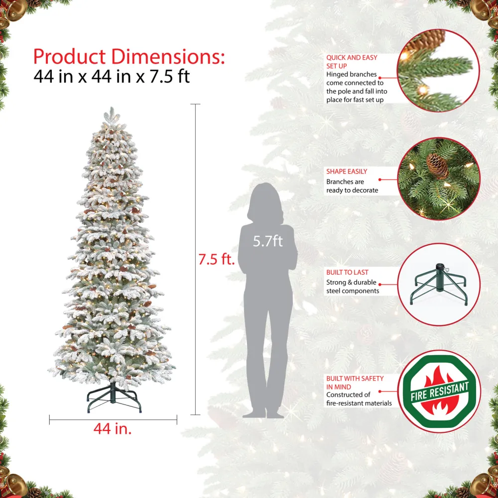 Pre-Lit Christmas Trees*The Holiday Aisle Flocked Slim Montville 7.5' Green/White Spruce Artificial Christmas Tree With 450 Clear/White Lights