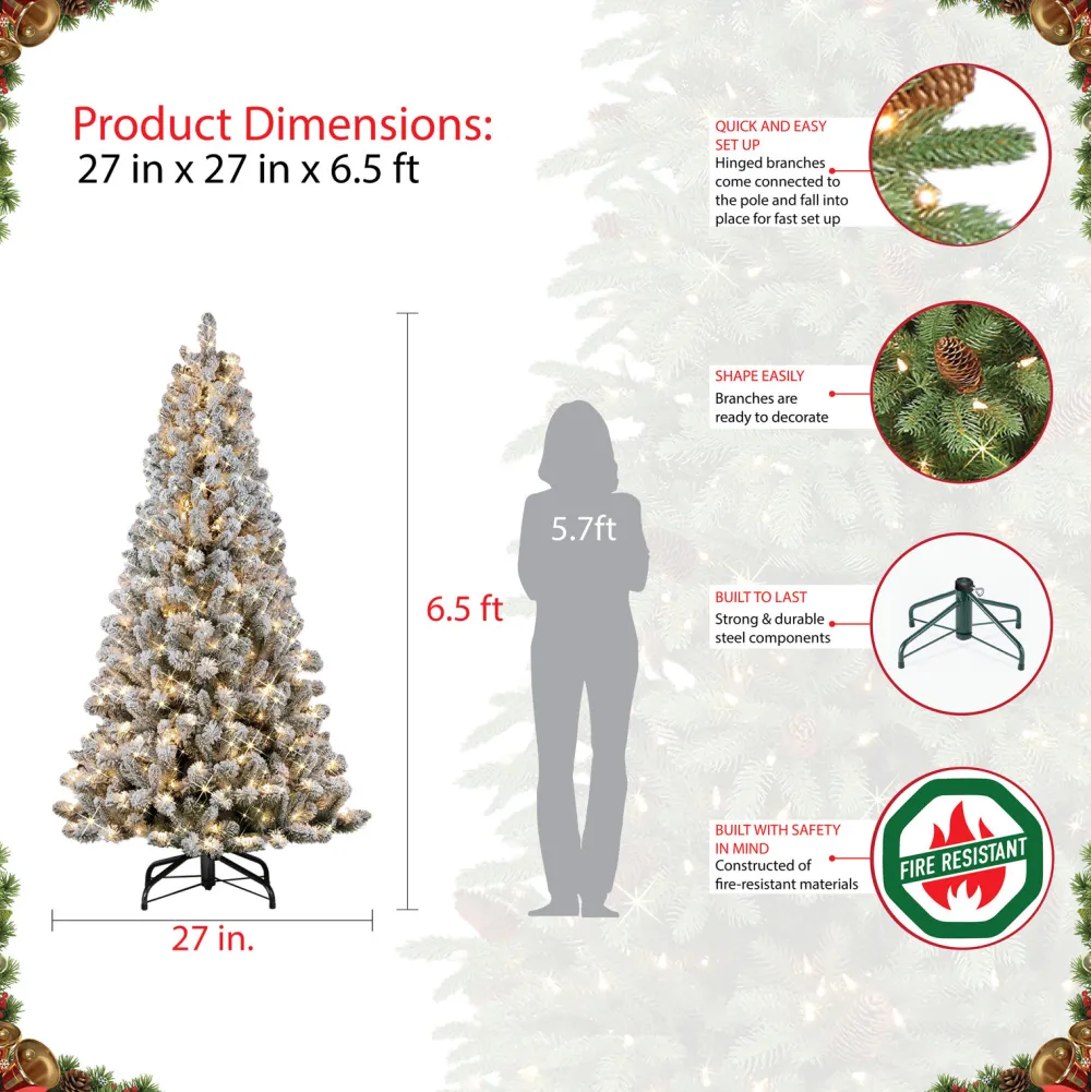 Pre-Lit Christmas Trees*The Holiday Aisle Flocked Virginia Pine 6.5' Green/White Pine Artificial Christmas Tree With 300 Clear/White Lights