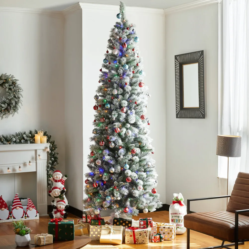 Pre-Lit Christmas Trees*The Holiday Aisle 9Ft Slender Flocked/Frosted Artificial Pine Christmas Tree With 450 Led Lights