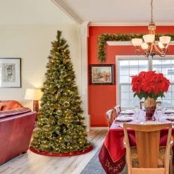 Pre-Lit Christmas Trees*The Holiday Aisle Glittery Bristle Slim 7.5' Green Pine Artificial Christmas Tree With 500 Multi-Color Lights