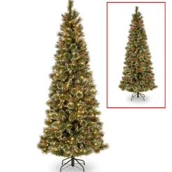 Pre-Lit Christmas Trees*The Holiday Aisle Glittery Bristle Slim 7.5' Green Pine Artificial Christmas Tree With 500 Multi-Color Lights