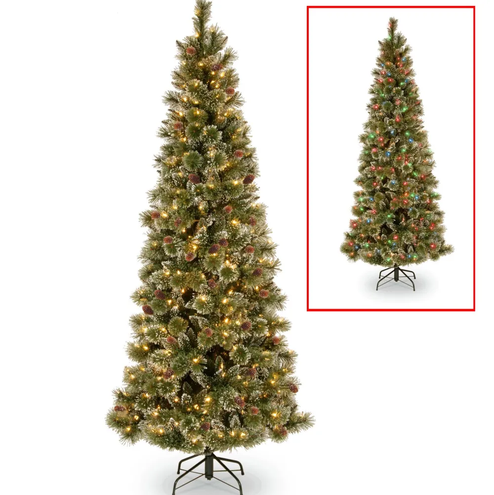 Pre-Lit Christmas Trees*The Holiday Aisle Glittery Bristle Slim 7.5' Green Pine Artificial Christmas Tree With 500 Multi-Color Lights