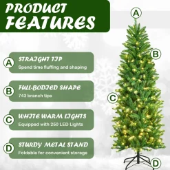 Pre-Lit Christmas Trees*The Holiday Aisle Pencil 6' Green Pine Artificial Christmas Tree With 250 White Lights