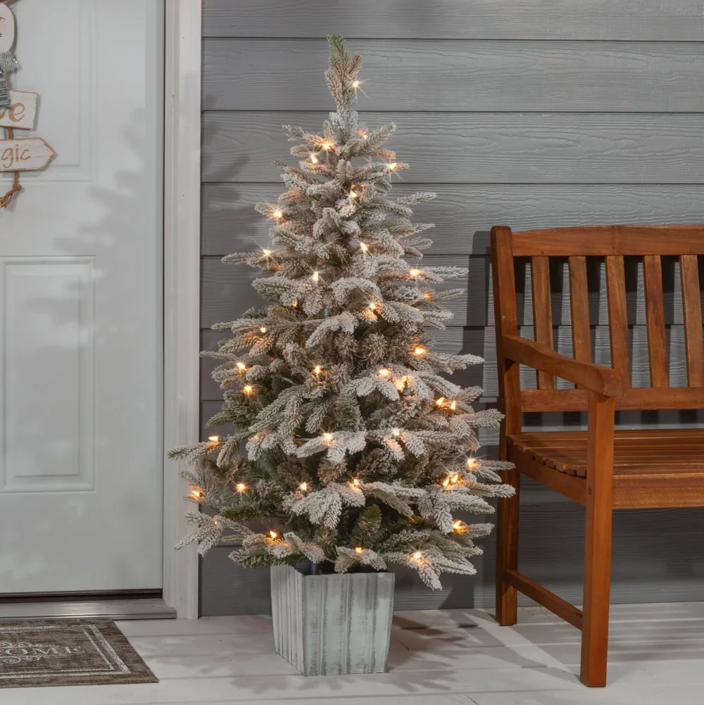 Pre-Lit Christmas Trees*The Holiday Aisle Potted Natural Cut Flocked 4.5' Silver And Green Fir Trees Artificial Christmas Tree With 70 Clear White Light
