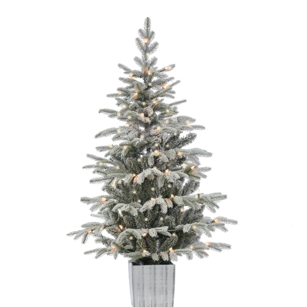 Pre-Lit Christmas Trees*The Holiday Aisle Potted Natural Cut Flocked 4.5' Silver And Green Fir Trees Artificial Christmas Tree With 70 Clear White Light