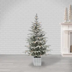 Pre-Lit Christmas Trees*The Holiday Aisle Potted Natural Cut Flocked 4.5' Silver And Green Fir Trees Artificial Christmas Tree With 70 Clear White Light