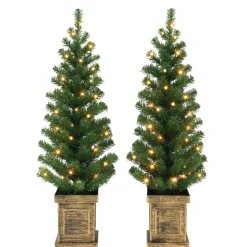 Pre-Lit Christmas Trees*The Holiday Aisle Set Of 2, 3.5 Ft B/O Potted Pre-Lit Trees, 90 Tips, 35 Warm White Led Lights, Plastic Pot, (3 X Aa Batteries Not Included), 6/18 Hours On/Off Timer Function