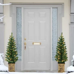 Pre-Lit Christmas Trees*The Holiday Aisle Set Of 2, 3.5 Ft B/O Potted Pre-Lit Trees, 90 Tips, 35 Warm White Led Lights, Plastic Pot, (3 X Aa Batteries Not Included), 6/18 Hours On/Off Timer Function