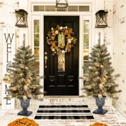 Pre-Lit Christmas Trees*The Holiday Aisle Set Of 2 4Ft Pre-Lit Led Artificial Flocked Pine Christmas Tree With Pine Cones And Urn Pot