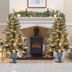 Pre-Lit Christmas Trees*The Holiday Aisle Set Of 2 4Ft Pre-Lit Led Artificial Flocked Pine Christmas Tree With Pine Cones And Urn Pot