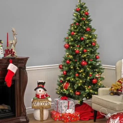 Pre-Lit Christmas Trees*The Holiday Aisle Slim Hinged 7.5' Green Pine Artificial Christmas Tree With 450 Colored & Clear Lights